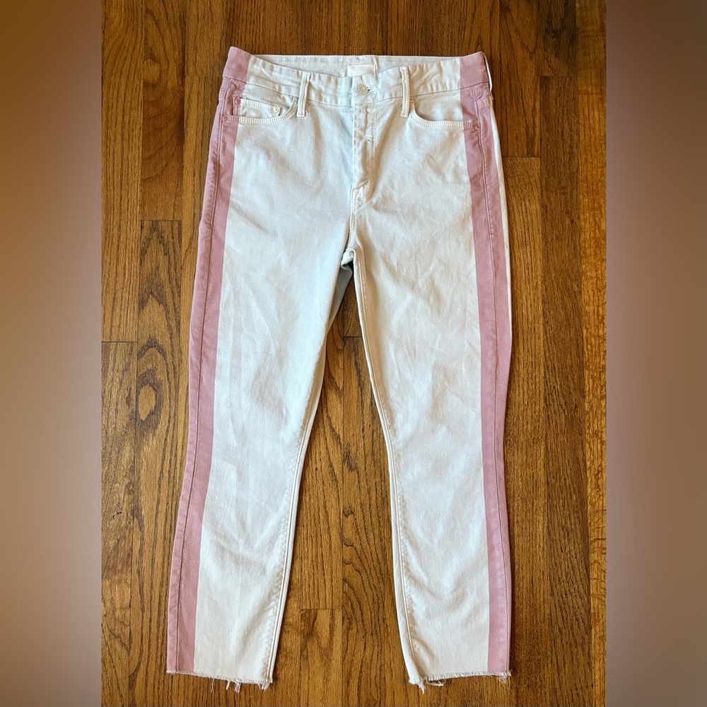 MOTHER Looker Ankle Fray Jeans So Far Gone Pink Stripe High Rise 27